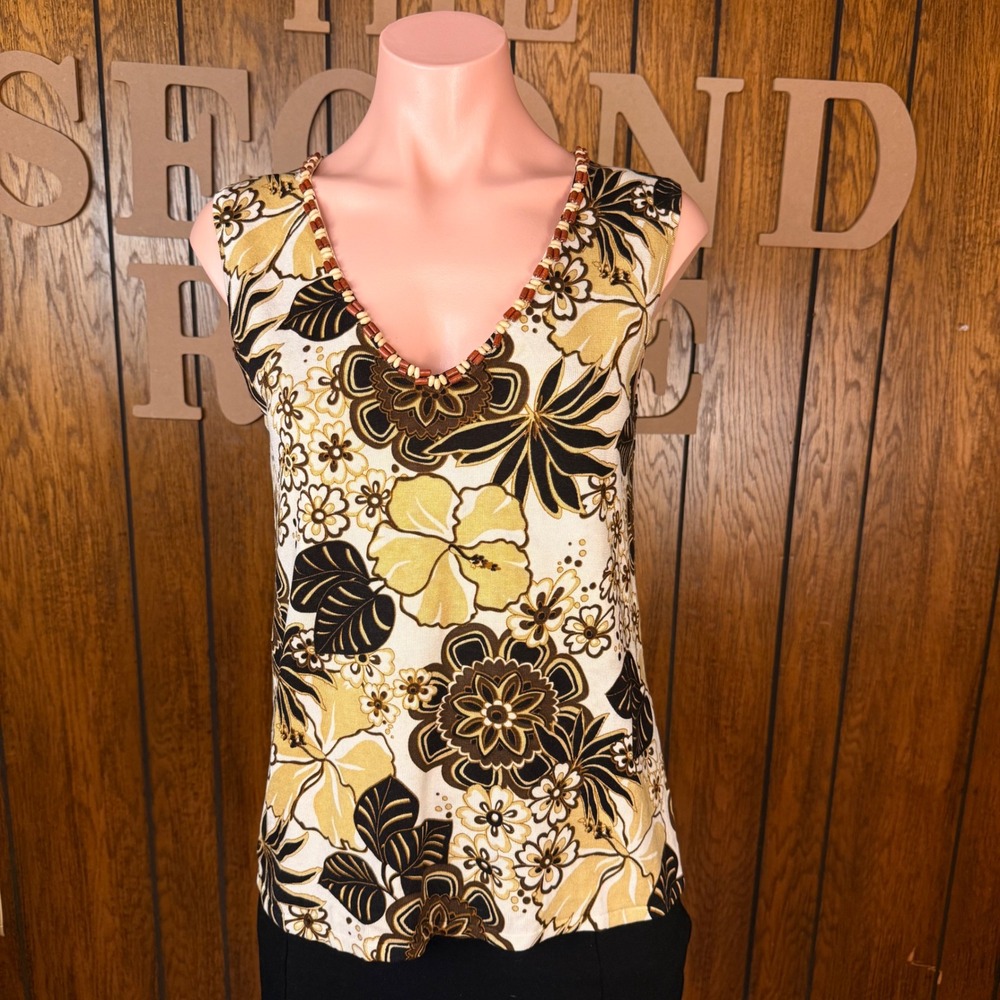 Tan Boho Floral Beaded V-Neck Tank Top Cable & Gauge Women Small Silk Fairycore